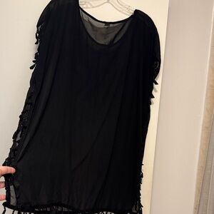 Black Sheer Tunic with Fringe Details